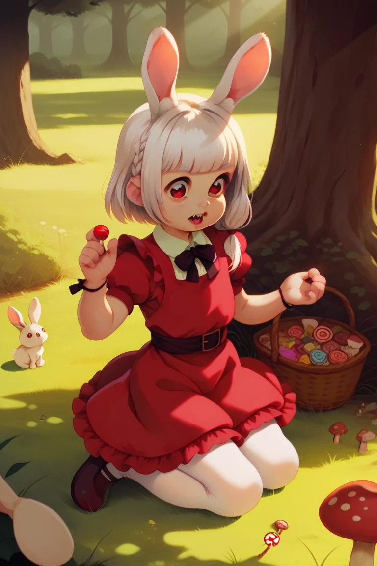 score_9, score_8, alkemanubis, alkemanubisStyle, alkemanubisStyle, 1girl, alkemanubis, animal ears, apron, blunt bangs, bracelet, braid, candy, collared dress, dappled sunlight, day, dress, fantasy, food, frilled apron, frilled dress, frills, grass, highres, jewelry, kneeling, medium hair, mushroom, open mouth, original, outdoors, pantyhose, plant, rabbit ears, rabbit girl, red eyes, sharp teeth, shoes, side braid, skirt basket, solo focus, sunlight, teeth, tongue, tree, white hair, white pantyhose, wrapped candy