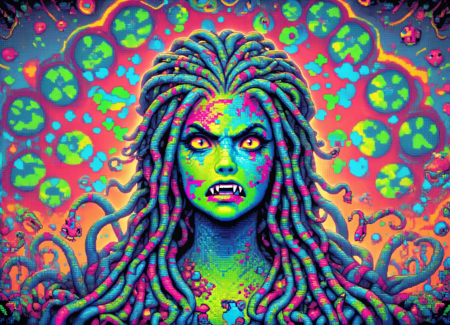 DonMShr00mK1ngd0mXL , score_9, score_8_up, score_7_up, score_6_up, pixelart, female  gorgon, humanoid upper body, serpentine lower body, coiled snakes for hair,  venomous petrifying gaze, scaled skin, fierce and intimidating expression,  fangs,medusa, powerful and dangerous mythical creature , rating_safe <lora:DonMShr00mK1ngd0mXL-pony-000006:0.8>