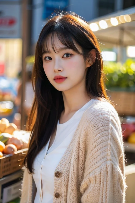 masterpiece, best quality, ultra-detailed, ultra high res, (photorealistic:1.4), raw photo, (realistic:0.2), 8k HDR, realistic lighting, looking at viewer, 1girl, solo, asymmetrical hair, outdoor, sky, (traditional market:1.2), bokeh, (detailed lips), (detailed pores), (detailed skin textures), (detailed face:1.2), (body:1.2), a woman in a cardigan, cowboy shot,