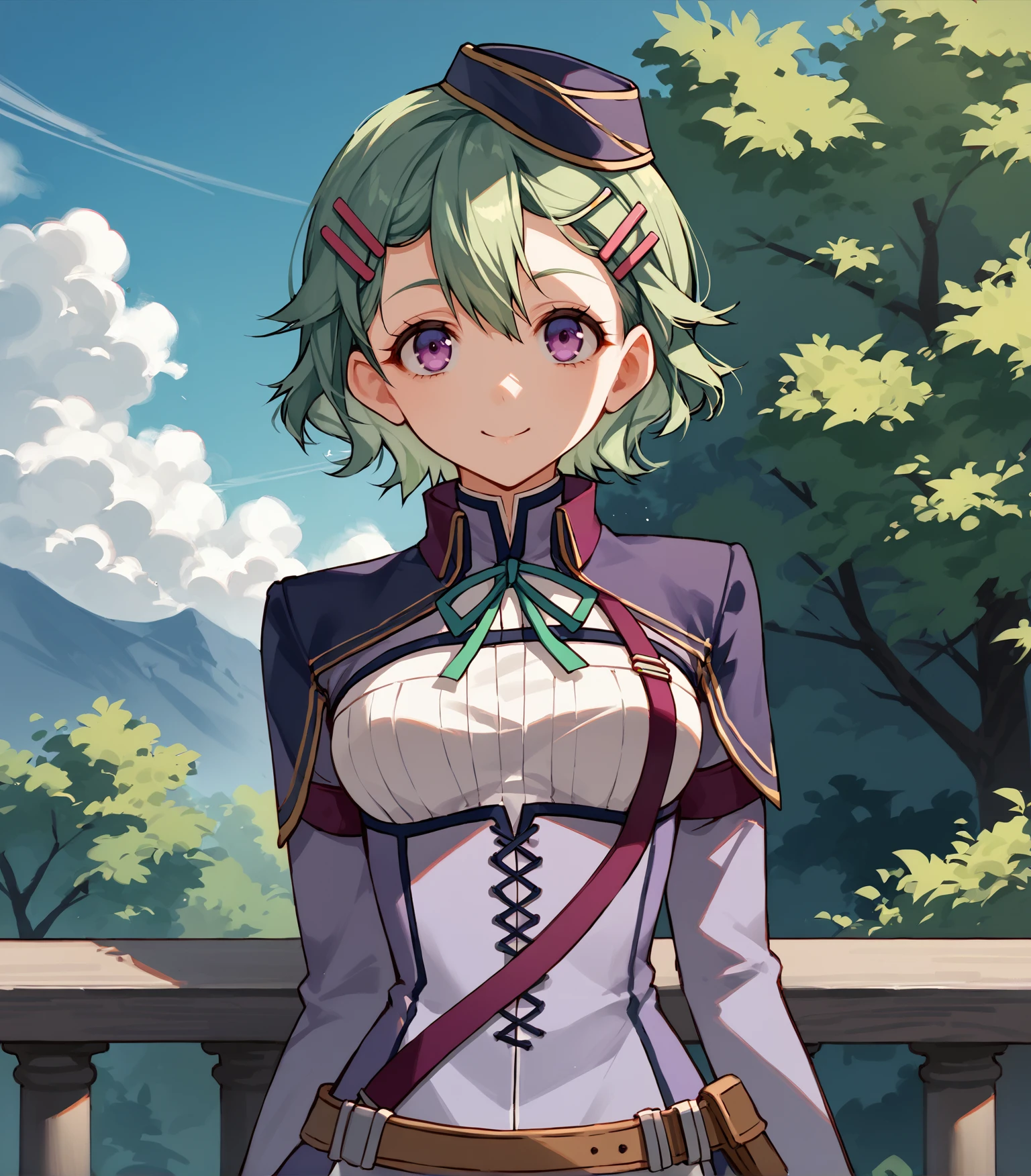 score_9, score_8_up, score_7_up, score_6_up, score_5_up, score_4_up, BREAK source_anime,
1girl, solo, <lora:MusseEgretCS4:0.9>, Musse Egret, green hair, short hair, hairclip, purple eyes, medium breasts, lavender dress, short dress, long sleeves, garrison cap, white thighhighs, lace thighhighs, black boots, laced footwear, white gloves,
outdoors, sky, trees,
looking at viewer, smile,
upper body, portrait, front view,