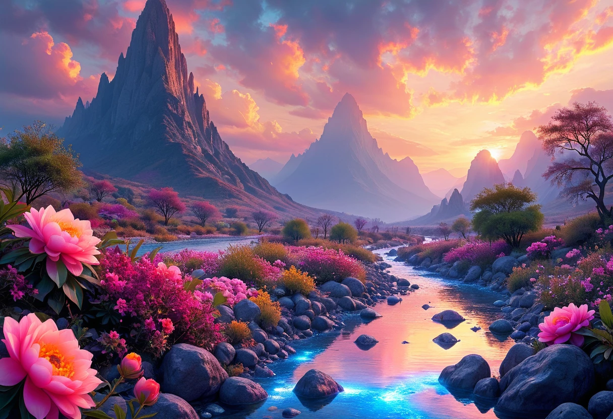 outdoors scenery, with clouds in the sky, a river, trees, flowers, rocks, at sunset, with a mountain in the background, a reflection of nature <lora:Psych-Futurism:1>,pfstyle