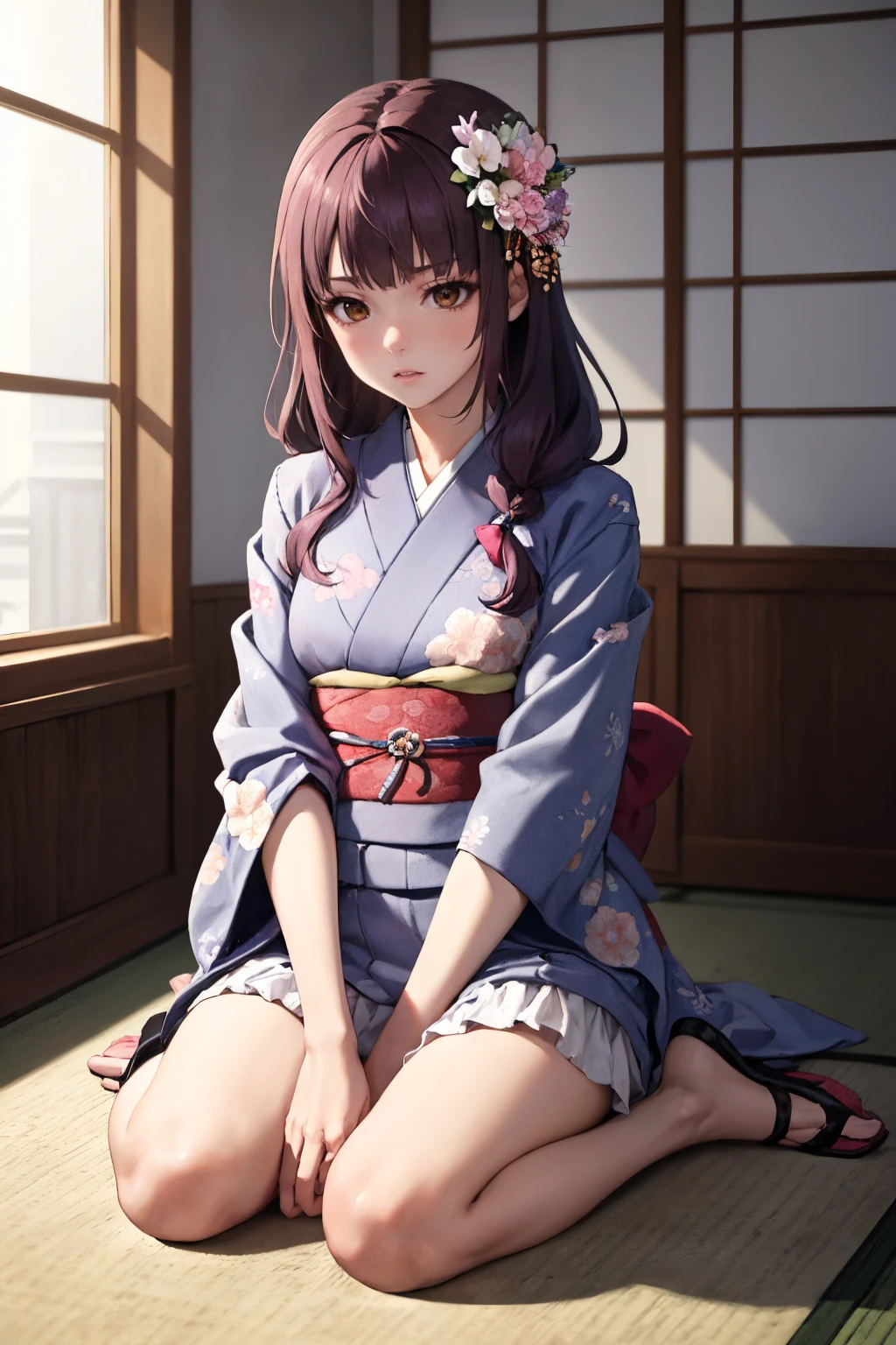 masterpiece, best quality, absurdres, 1girl, solo, NazunaOikawa, long hair, indoors, kimono, hair flower, floral print, wariza, kneeling, <lora:CHAR-NazunaOikawa:1>