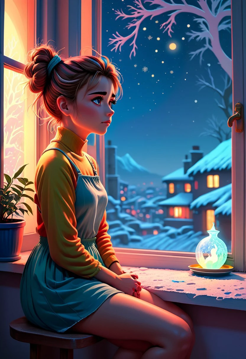 lofi anime drawing of an extremely beautiful woman with hair in a messy bun sitting next to a window, snowy night, pondering life, relaxed expression, beautiful colors, studio ghibli, anime style, drawing, beautiful detailed eyes, illustration, clean, high quality, extremely detailed, beautiful, pfstyle, inspiring