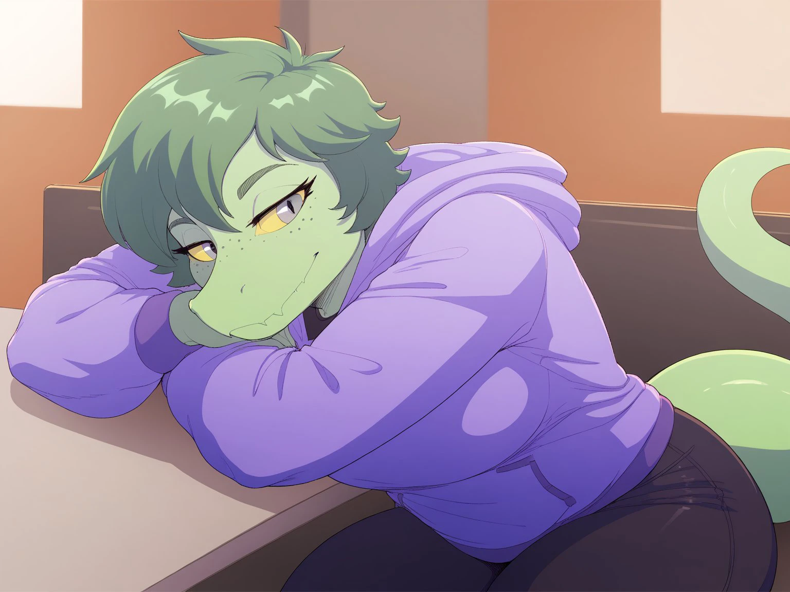 score_9, score_8_up, score_7_up, score_6_up, score_5_up,  score_4_up, furry
Olivia_Halford, breasts, short hair, grey eyes, yellow sclera, green hair, freckles, scales, green skin, lizard tail, hoodie, black pants, purple hoodie, head rest arm rest
<lora:Olivia_Halford_XL:0.8>
 <lora:head_rest_arm_rest_pony_1:1>