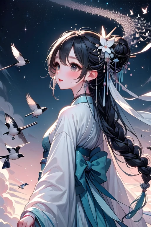 ((magpie bridge)), ((birds flock)), tanabata, cloud, high sky, starry sky, colorful sky, mint hanfu, weaver girl, big breasts, flying, long hair, braids, hair flower, hair ornament, necklace, earrings, floating hair, wind, fog, from below, upper body, close-up, <lora:girllikemagpiebridge:0.9>