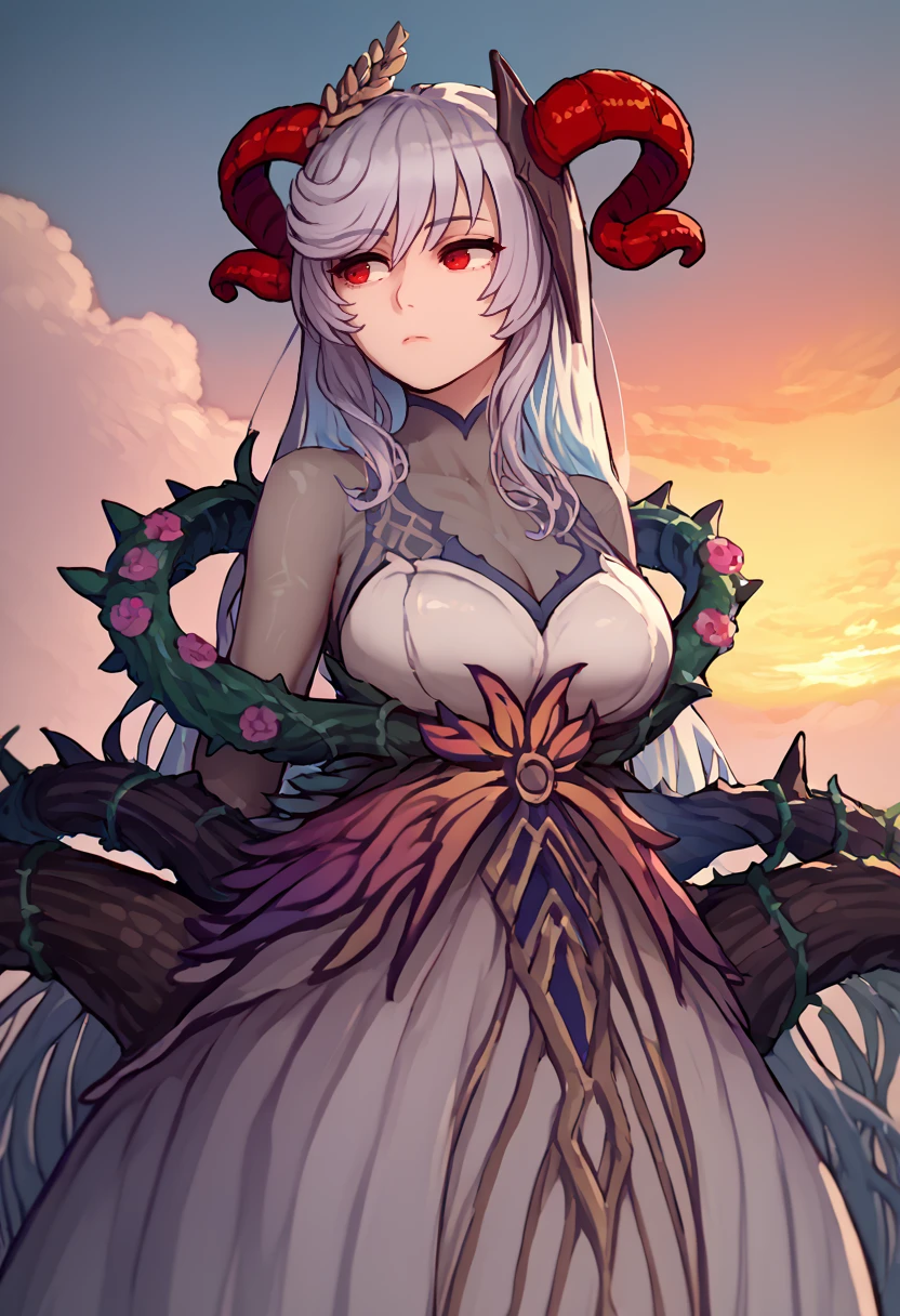 score_9, score_8_up, score_7_up, source_anime, solo, 1girl, freyjadef, expressionless, looking away, red horns, goat horns, curled horns, hair ornament, thorns, white dress, bodystocking, see-through cleavage, large breasts, sunset, cloud, outdoors <segment:yolo-face_yolov8m.pt>