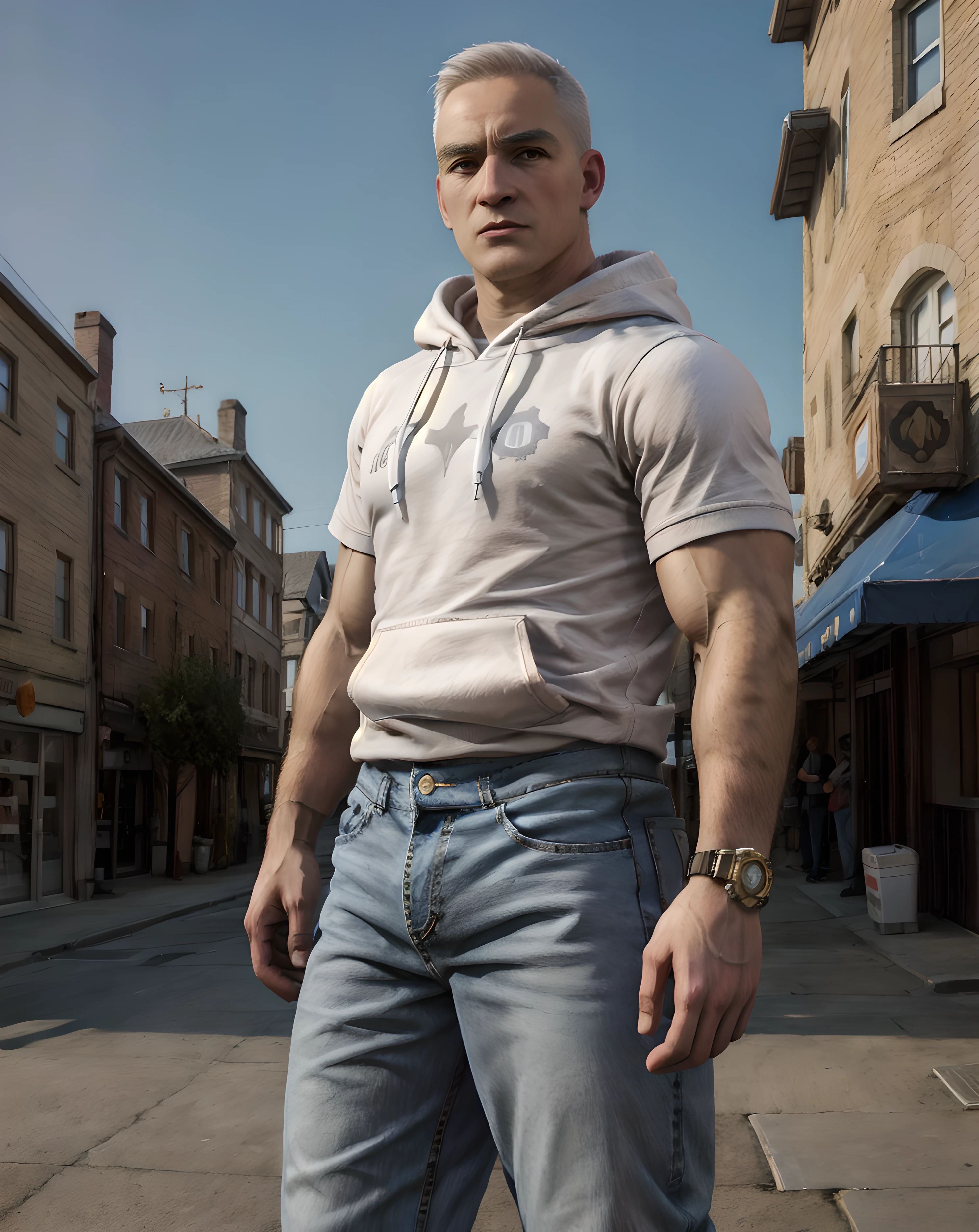 <lora:Victor_Hoffman:0.8> victor_hoffman, hoodie, town, jeans, daytime, standing, (white short hair), looking at viewer, muscular