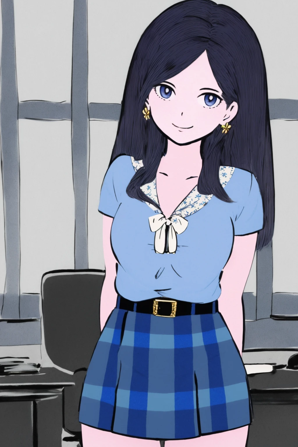 masterpiece, ultra-detailed, best quality, illustration, 8k cg wallpaper, an extremely delicate and beautiful, 1girl, solo, perfect anatomy, cute face, smiling, blushing, shining eyes, deep blue eyes, beautiful detailed eyes, dark brown hair, shoulder-length hair, twintails, cute hair accessories, cute earrings, cute choker, slim body, medium breasts, business outfit, perfect arms, cute arm accessories, black belt with gold buckle, light blue plaid skirt, cute thigh-high stockings, perfect legs, cute, pretty, beautiful, sexy, perfect body, (background: office, desk, chair, bulletin board, windows, intricately detailed items in background), <lora:TPK:1>