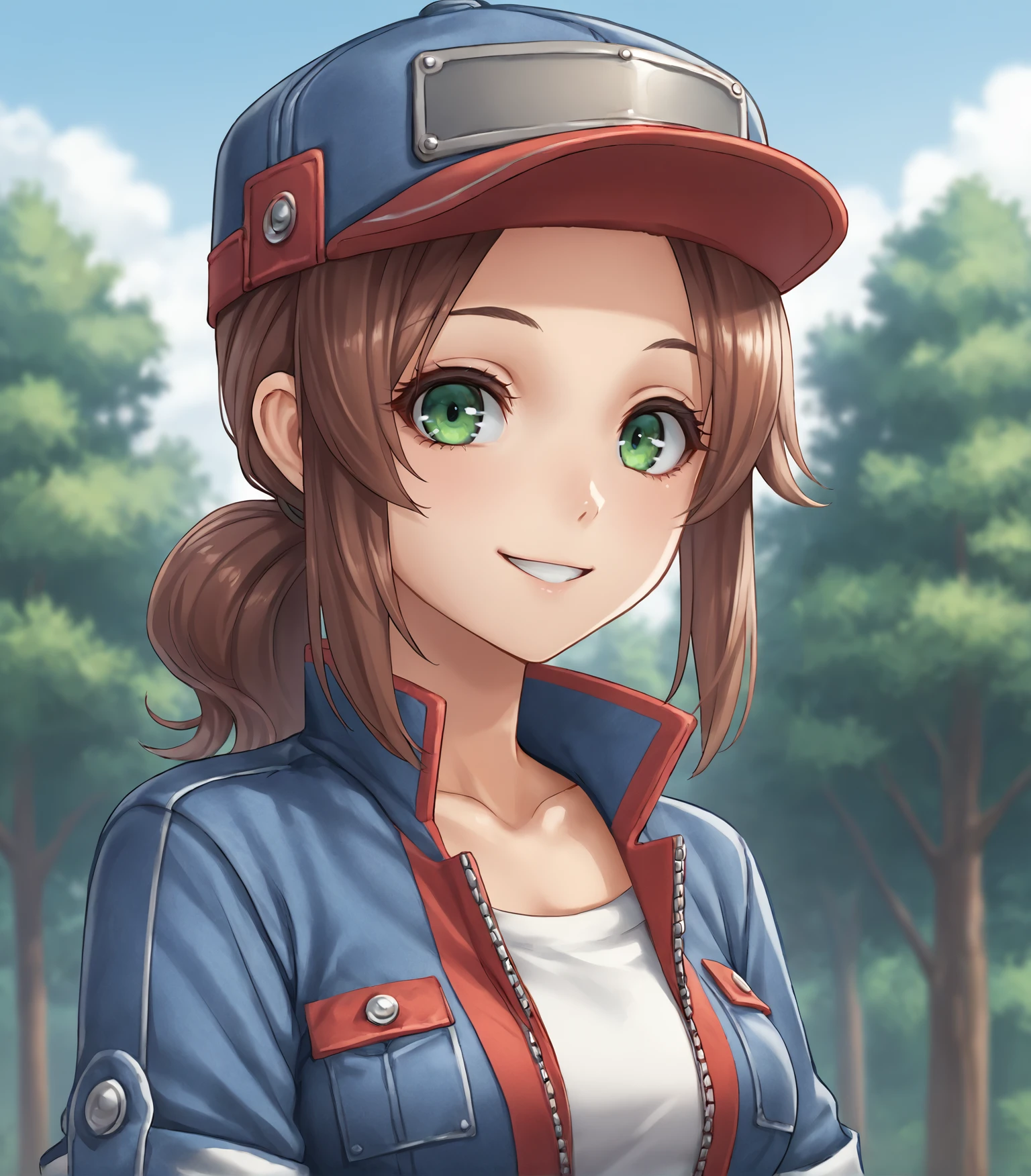 score_9, score_8_up, score_7_up, score_6_up, score_5_up, score_4_up, BREAK source_anime,
1girl, solo,  <lora:Wendy:0.9>, Wendy, brown hair, medium hair, green eyes, medium breasts, baseball cap, blue overalls, zipper, white undershirt,
upper body, portrait looking at viewer, smile, outdoors, sky, trees,
<lora:Racoonkun_Artist_Style:0.6>, racoonsan,