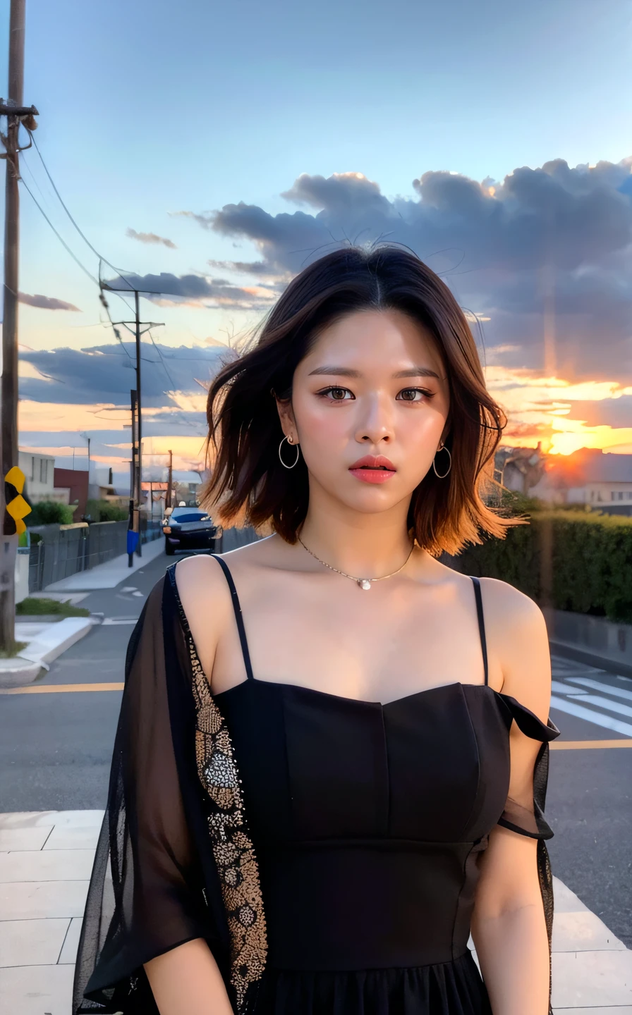 <lora:Jeongyeon_V1:1> Je0ng,, (realistic), (hyperrealism), (photorealistic:1.4), 1girl, looking at the viewer, eye makeup, detailed eyes, detailed face, (upper body:1.2), detailed background, black dress, walking at the streets, sunset, (windy:1.2)