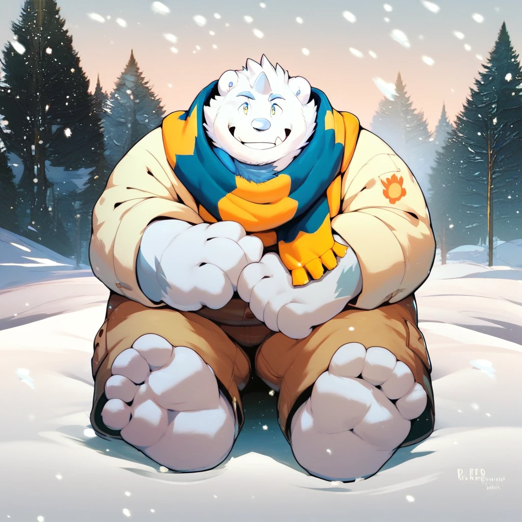 score_9, score_8_up, score_7_up, score_6_up, score_5_up, score_4_up, patty, anthro, yeti, furry, fat, obese, big feet, scarf, snowy background, snow, looking at viewer, smiling,