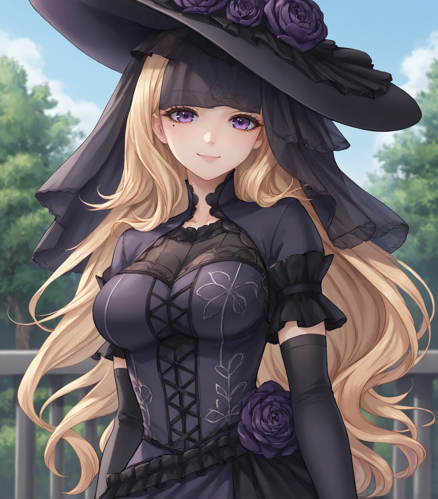 score_9, score_8_up, score_7_up, score_6_up, score_5_up, score_4_up, BREAK source_anime,
1girl, solo,  <lora:LucreziaIsselee:0.9>, Lucrezia Isselee, blonde hair, long hair, purple eyes, mole, black and purple dress, gothic dress, black hat, gothic hat, veil, black lace, black thighhighs, purple high heels,, 
upper body, portrait looking at viewer, smile, outdoors, sky, trees,
<lora:Racoonkun_Artist_Style:0.6>, racoonsan,,