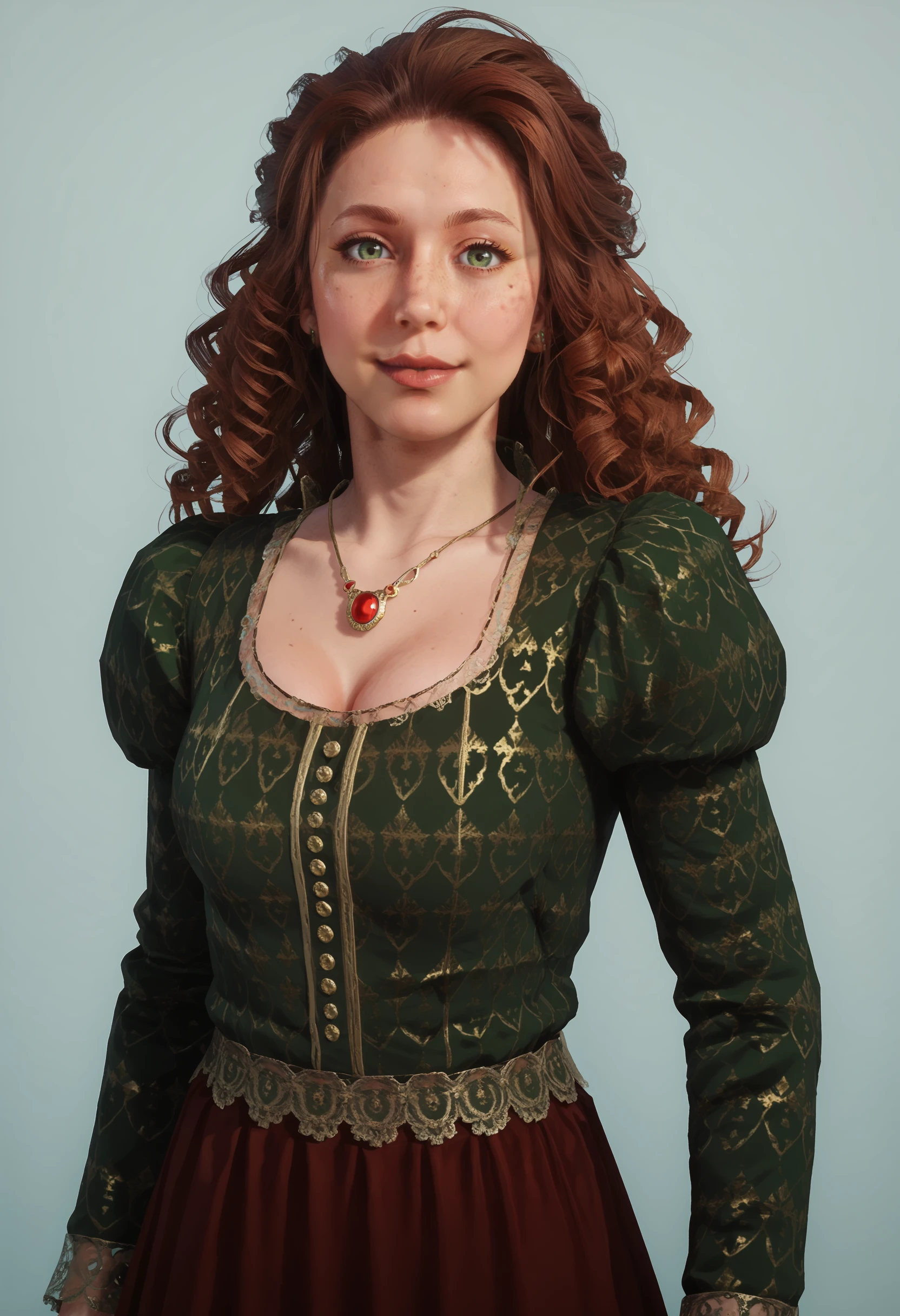 score_9, score_8_up, score_7_up, score_6_up, score_5_up, score_4_up, 1girl, <lora:MollyOShea:0.8> solo, red hair, long hair, curly hair, green eyes, freckles, medium breasts, lips, dress, necklace, jewelry, long sleeves, red skirt, skirt, standing, upper body, from side, looking at viewer, smile, 
light blue background, simple background,