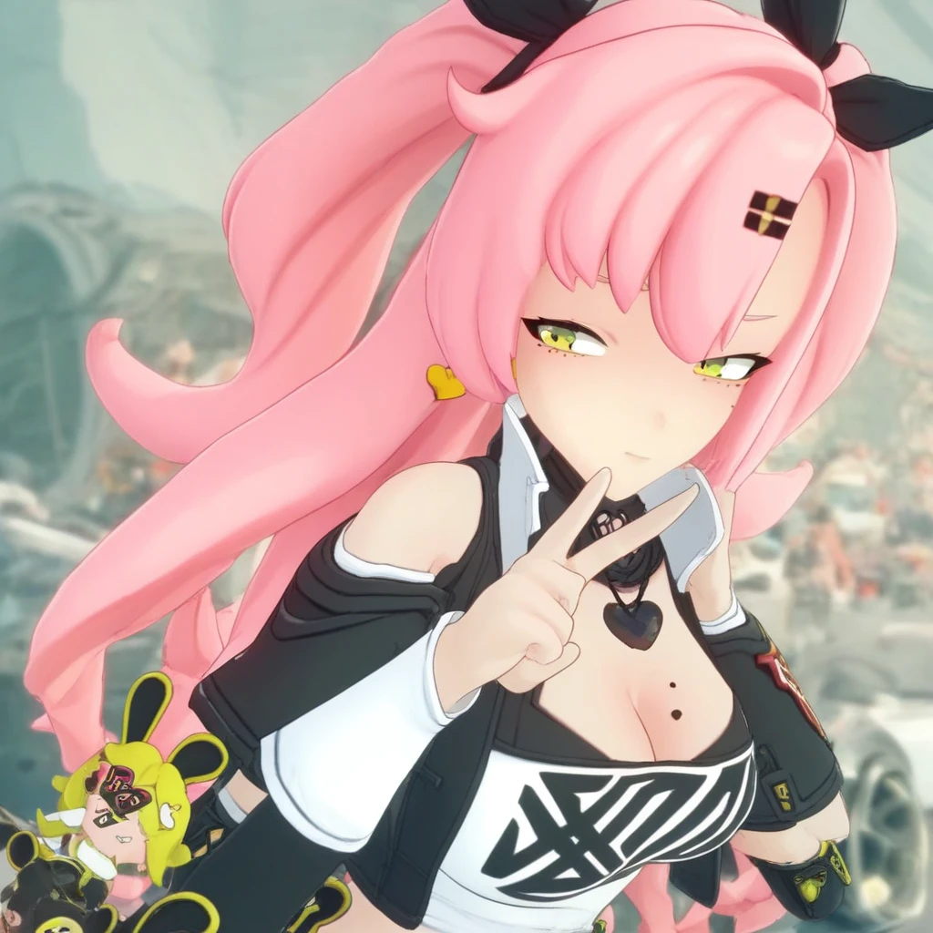 zzz_nicole,pink hair,green eyes,peach skin color,black hair ribbon,white top with black lettering,black jacket