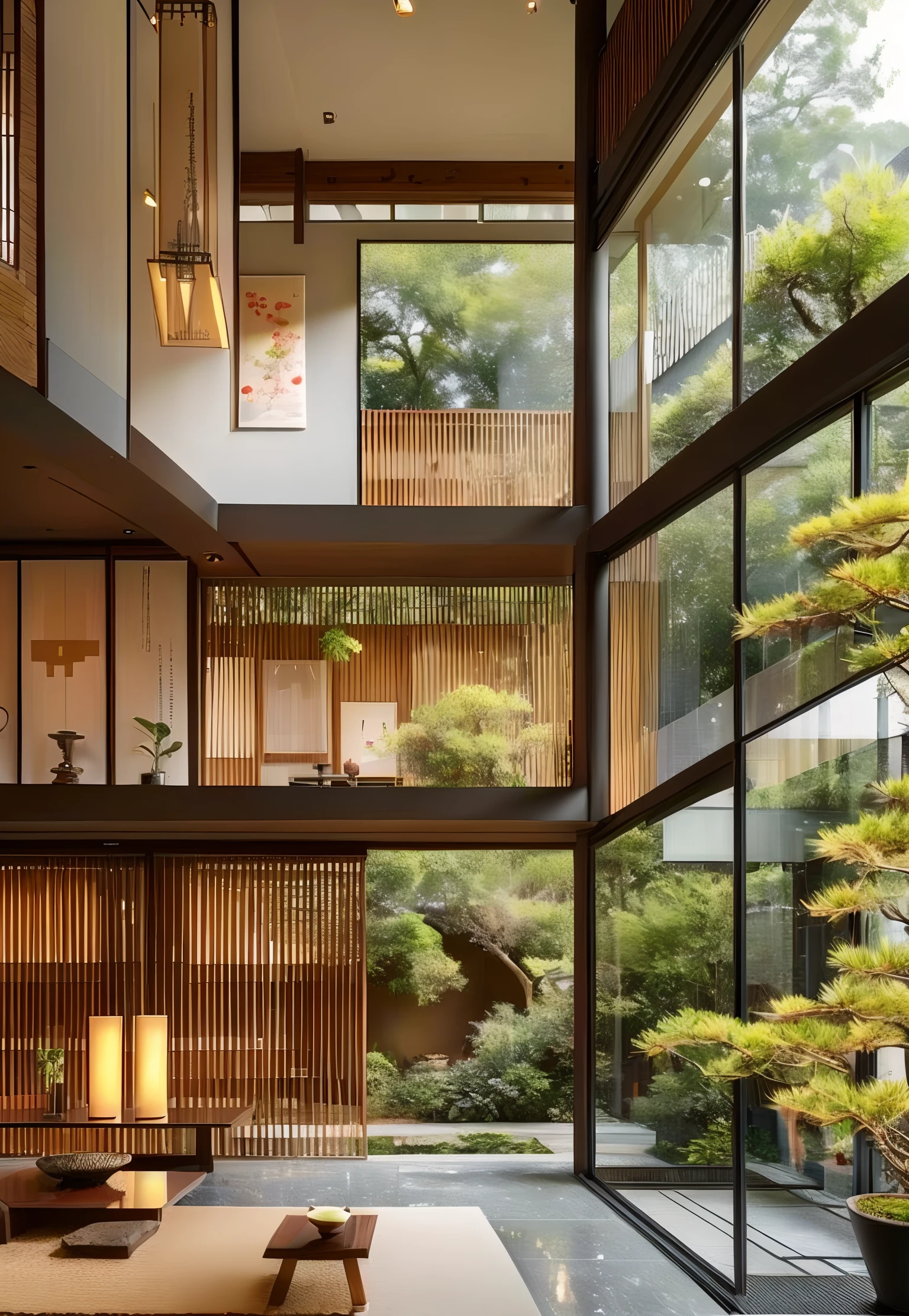 architecture, no humans, scenery, tree, stone floor, reflection, painting \(object\), chair, table, lattice, lamp, dark wooden table, indoors, door open to the outside, buildings outside the door, east asia architecture,potted plant, water, <lora:Chinese Home Interior V3:1>,masterpiece,full detail, modern,LAOWANG,afternoon,sunset