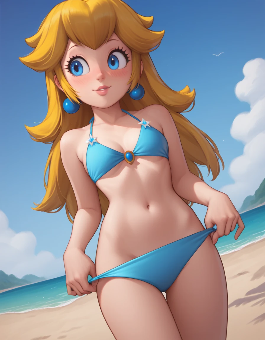 score_9, score_8_up, score_7_up, source_anime, <lora:princess-peach-showtime-ingame-ponyxl-lora-nochekaiser:1>, princess peach, blonde hair, blue eyes, long hair,, <lora:bikini-pull-ponyxl-lora-nochekaiser:1>, bikini pull, clothes pull, pulling own clothes, bikini, bikini top lift, bikini top pull, bikini bottom aside, navel,, outdoors, beach, blush, smile,, , cowboy shot, dutch angle