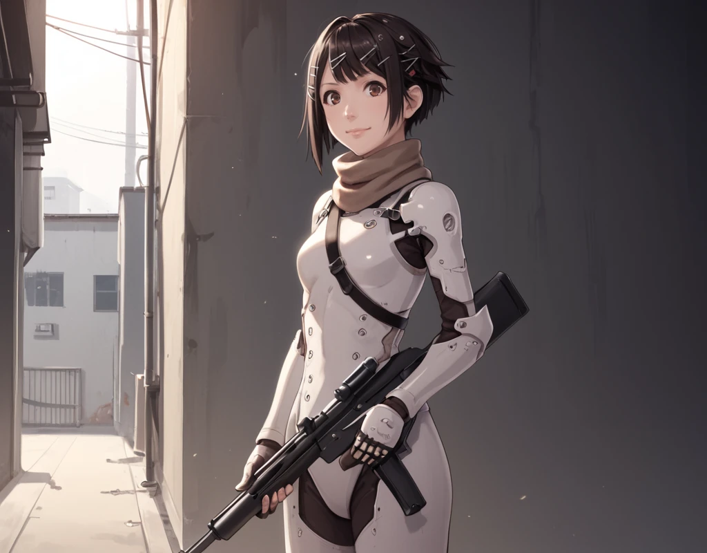 score_9, score_8_up, score_7_up, Zuru, Blame!, 1girl solo, short hair, brown hair, black hair, hair ornament, closed mouth, brown eyes, industrial pipe, smile, hairclip, scarf, armor, breastplate, lips, x hair ornament, slim hips, thin legs, petite, backlit, nose, anime coloring, <lora:Zuru_Blame:1> boots, holding weapon, rifle, arms, standing, cowboy shot, Dutch angle