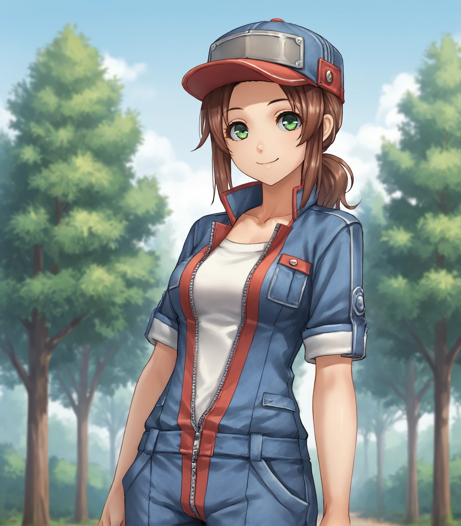 score_9, score_8_up, score_7_up, score_6_up, score_5_up, score_4_up, BREAK source_anime,
1girl, solo,  <lora:Wendy:0.9>, Wendy, brown hair, medium hair, green eyes, medium breasts, baseball cap, blue overalls, zipper, white undershirt,
cowboy shot,
looking at viewer, smile, outdoors, sky, trees,
<lora:Racoonkun_Artist_Style:0.6>, racoonsan,