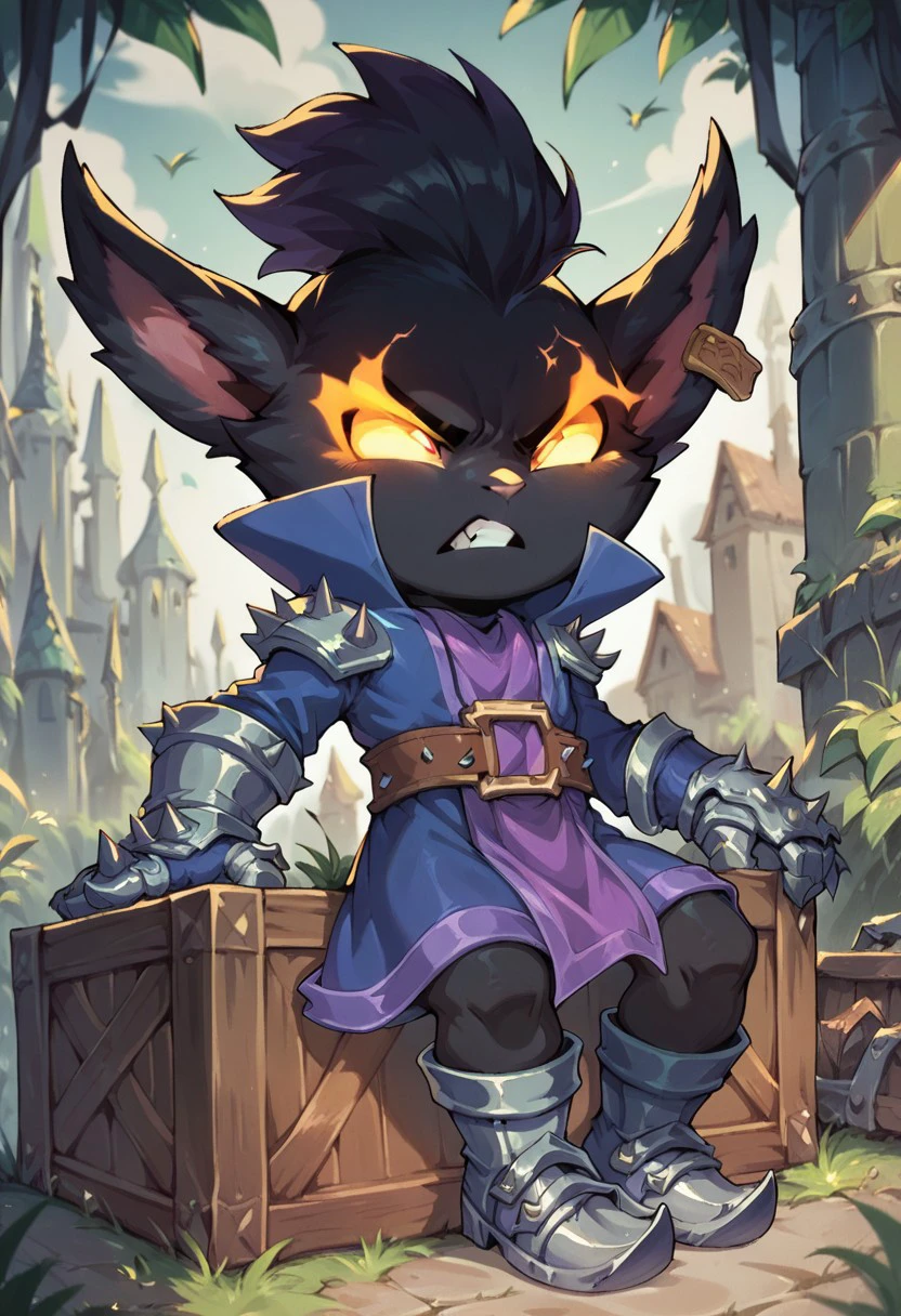 score_9, score_8_up, score_7_up, ultra quality, 1boy, yordle, shortstack, veigarxl, wizard mantle, mouthless, black fur, glowing eyes, gauntlets, sitting, on crate, green lush background, angry, boots, spiky