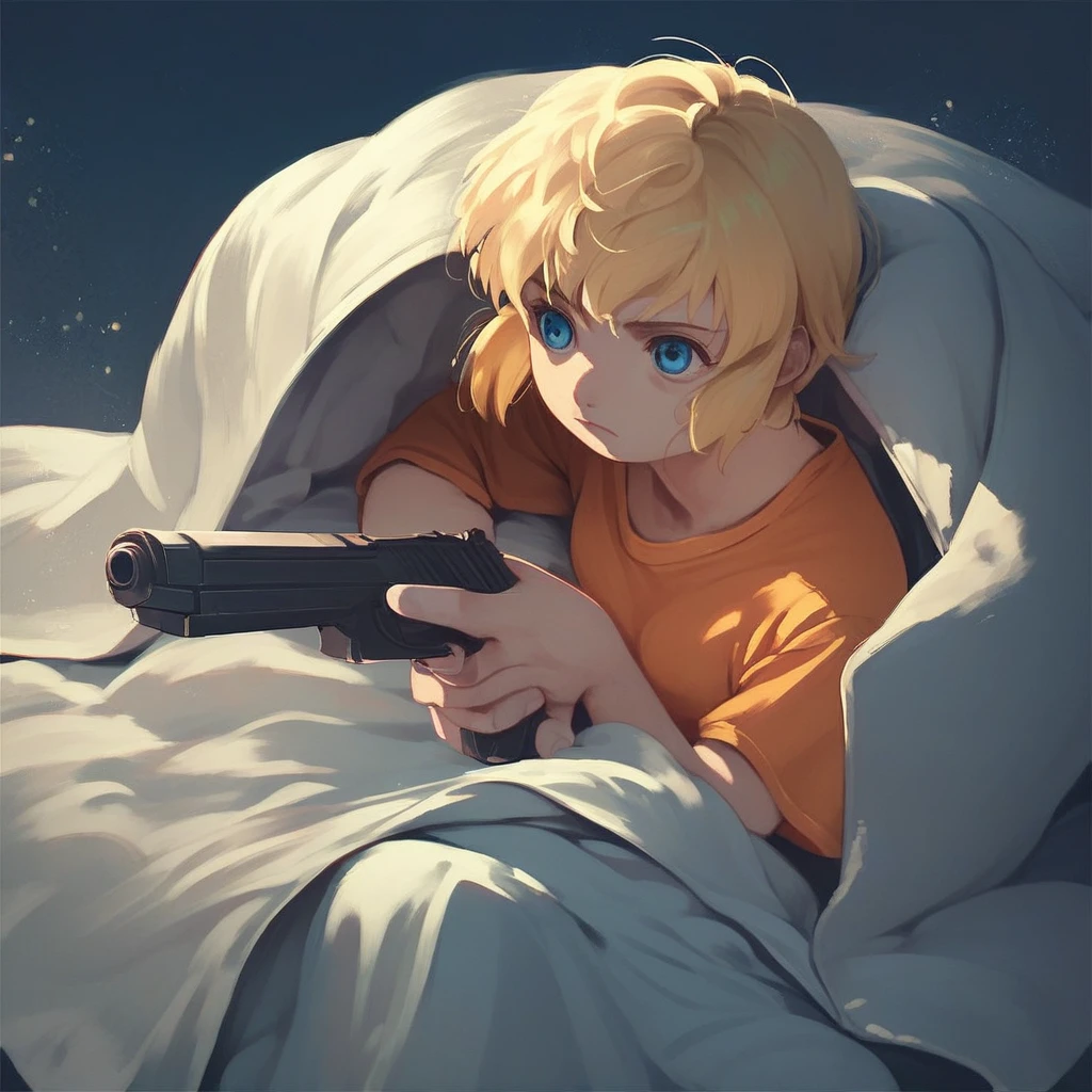 score_9, score_8_up, score_7_up, score_6_up, Rico, Gunslinger-Girl, 1girl, solo, short hair, blue eyes, blonde hair, holding, weapon, pants, holding weapon, gun, night, holding gun, handgun, blanket, under covers, blanket covering, orange shirt, sensitive