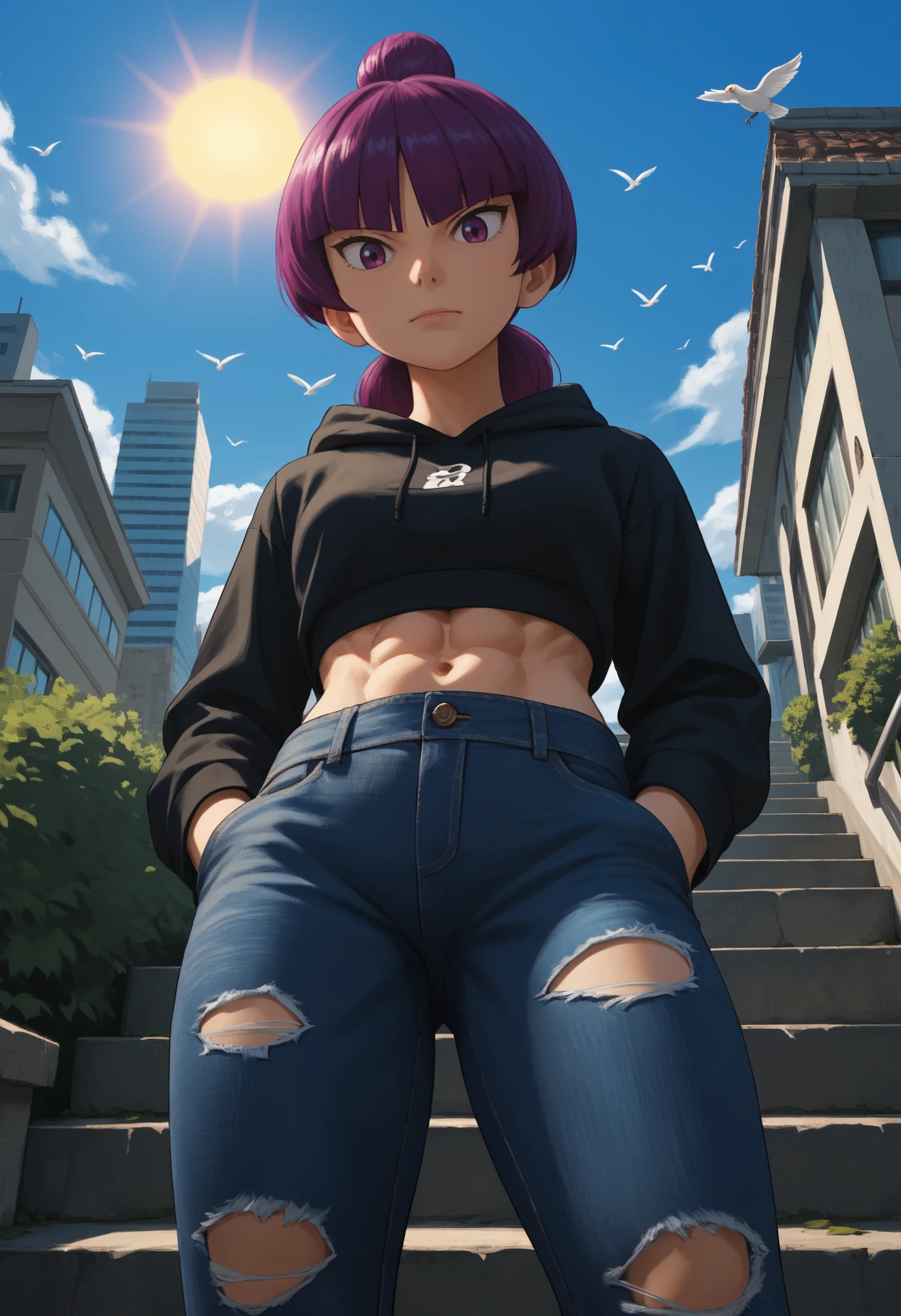 score_9, score_8_up,score_7_up, source_anime, 1girl, solo, <lora:Jptr_pdxl_EliPot:1>, gingadanjupiter, purple hair, purple eyes, medium hair,
 black hoodie, cropped hoodie, denim jeans, torn jeans, looking at viewer, looking down, toned, abs, hands in pocket,outdoors, city, stairs, shrub, trees, birds, blue sky, clouds, sun, detailed background,