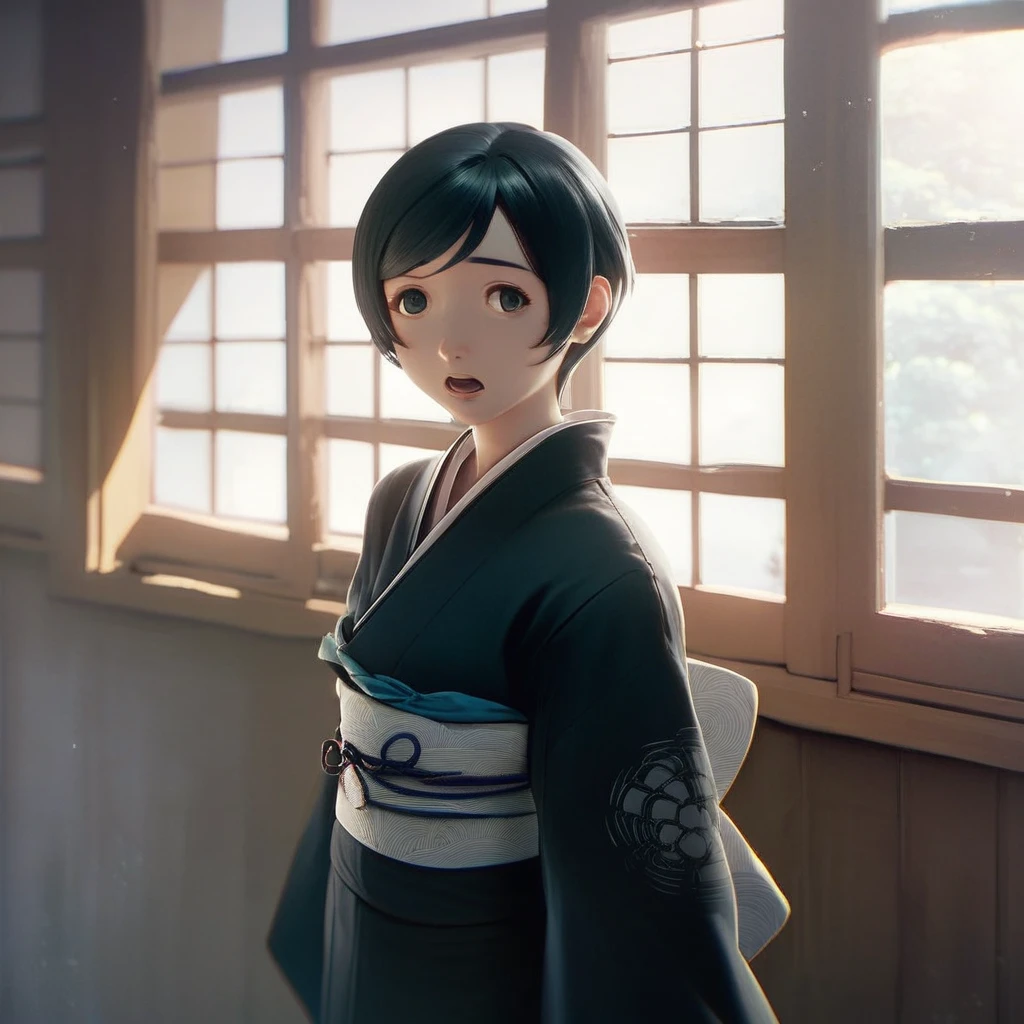 score_9, score_8_up, score_7_up, score_6_up, izana-shinatose, Shidonia-no-Kishi, 1girl, solo, open mouth, short hair, black hair, upper body, japanese clothes, indoors, kimono, sash, window, swept bangs, black kimono, sensitive