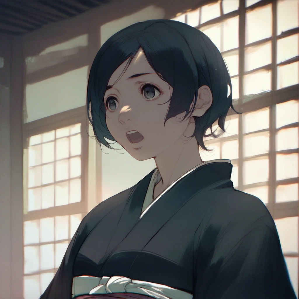 score_9, score_8_up, score_7_up, score_6_up, izana-shinatose, Shidonia-no-Kishi, 1girl, solo, open mouth, short hair, black hair, upper body, japanese clothes, indoors, kimono, sash, window, swept bangs, black kimono, sensitive