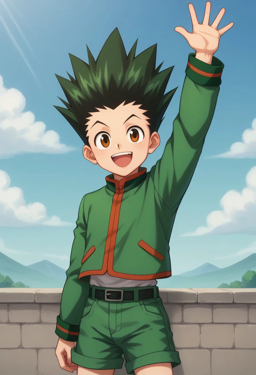 score_9, score_8_up, score_7_up, source_anime, highly detailed,
gonfreecs, solo, 1boy, male focus, green shorts, green hair, spiked hair, shorts, smile, upper body, brown eyes, open mouth, waving, belt, looking at viewer, arm up, jacket, :d, green jacket,
outdoor, sky,