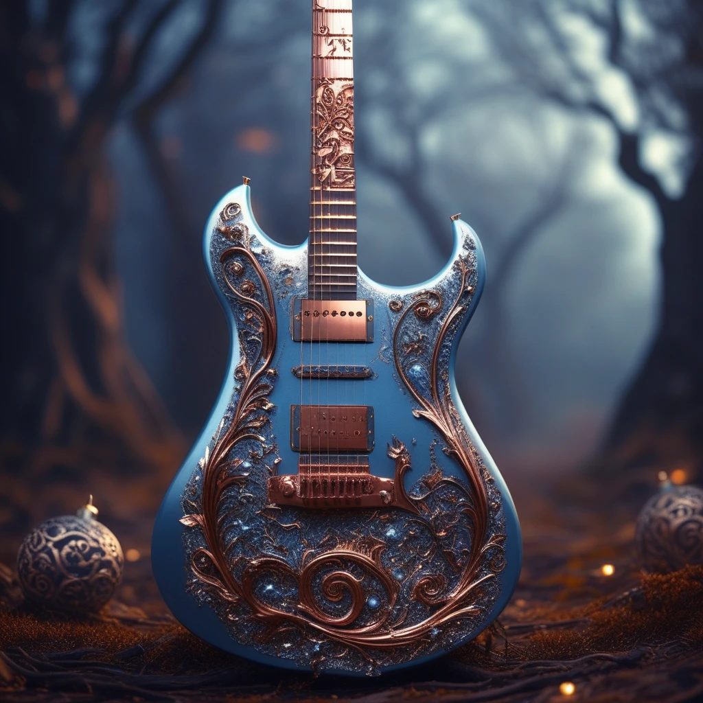 RAW photo of a very detailed guitar with whimsical elements, magical fairytale landscape, fantasy style art, dusty blue theme, intricate details, ultra sharp, exquisite detail, flawless composition, vivid colors, masterpiece, exciting background,  timeless elegant and Exquisite Copper Ornaments