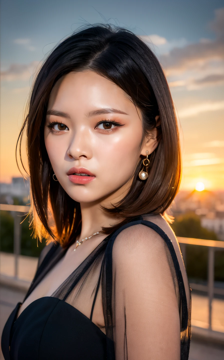 <lora:Jeongyeon_V1:1> Je0ng,, (realistic), (hyperrealism), (photorealistic:1.4), 1girl, looking at the viewer, eye makeup, detailed eyes, detailed face, (upper body:1.2), detailed background, black dress, walking at the streets, sunset, (windy:1.2)