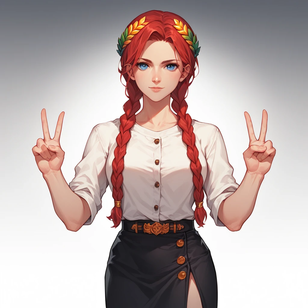 score_9_up, score_8_up, score_7_up, BREAK, 1girl, solo, red hair, twin braids, blue eyes, laurel crown, white shirt, suspender skirt, black skirt, cowboy shot, double v, gradient background,  <lora:LaurelCrown_PXL_Leaf:1>,   looking at viewer,