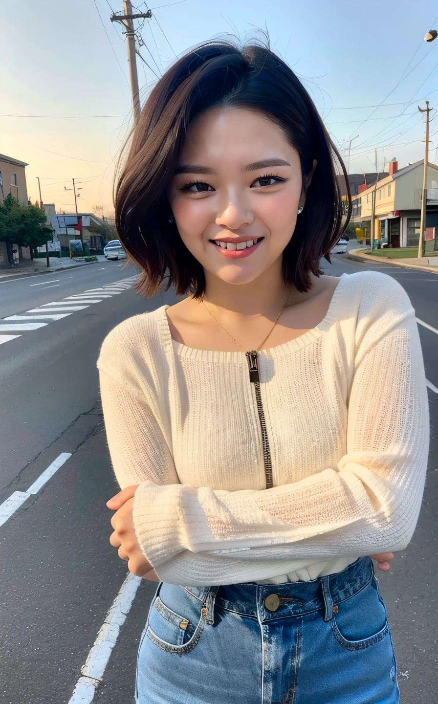 <lora:Jeongyeon_V1:1> Je0ng,, (smiling:1.2),  , (fullbody:1.2),  (realistic), (hyperrealism), (photorealistic:1.4), 1girl, (short hair:1.2),  looking at the viewer, eye makeup, detailed eyes, detailed face, (upper body:1.2), detailed background, walking at the streets, sunset, (windy:1.2)  z1pp3rsw3at3r,, sleeves past wrists, zipper sweater, Denim jeans