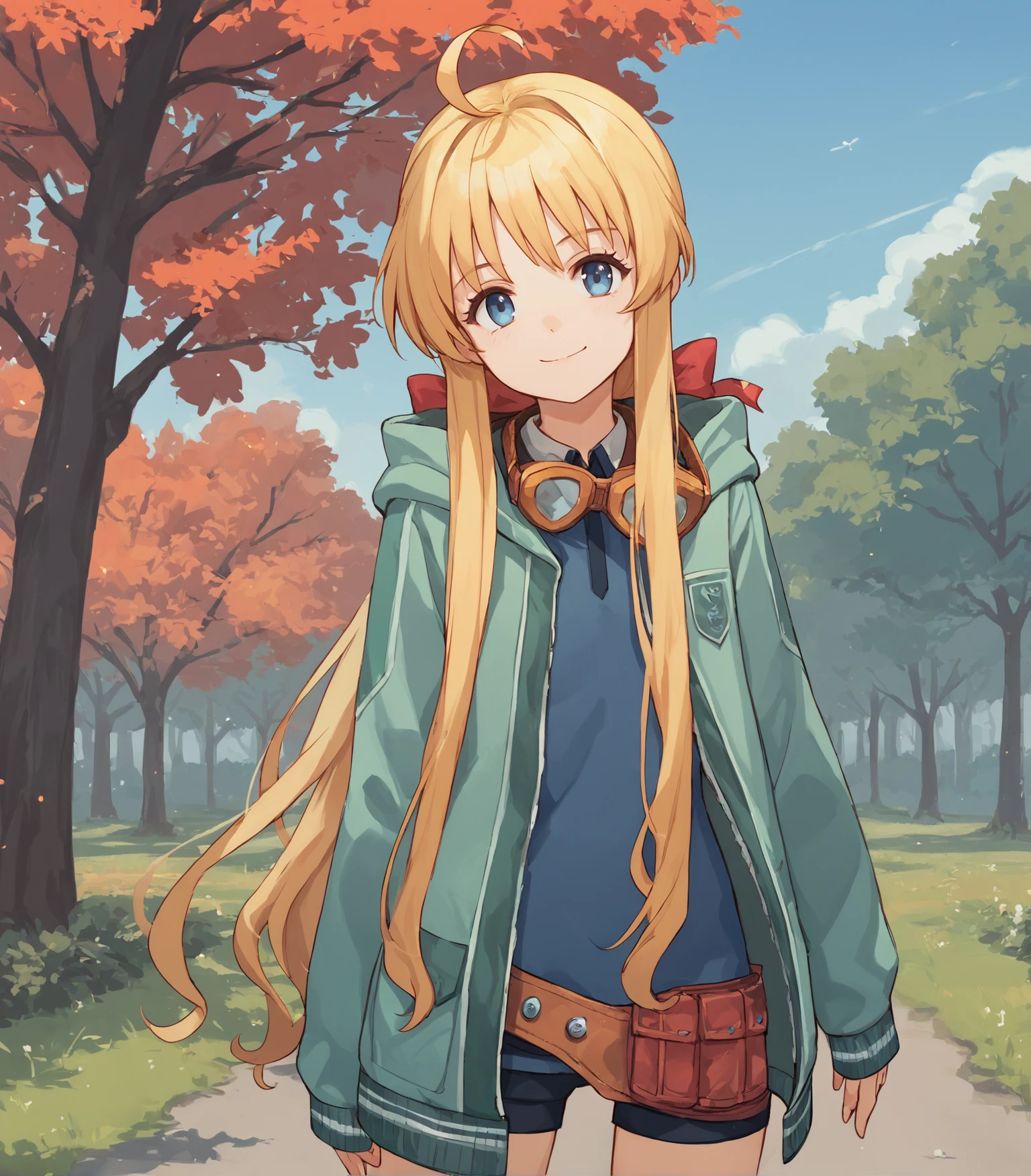 score_9, score_8_up, score_7_up, score_6_up, score_5_up, score_4_up, BREAK source_anime,
1girl, solo,  cowboy shot ,  looking at viewer, smile, outdoors, sky, trees,
 <lora:TitaRussellCS:0.9>,Tita Russell, blue eyes, blonde hair, long hair, ahoge, small breasts, flat chest, petite, goggles on neck, green hoodie, blue shirt, miniskirt, black socks, red shoes