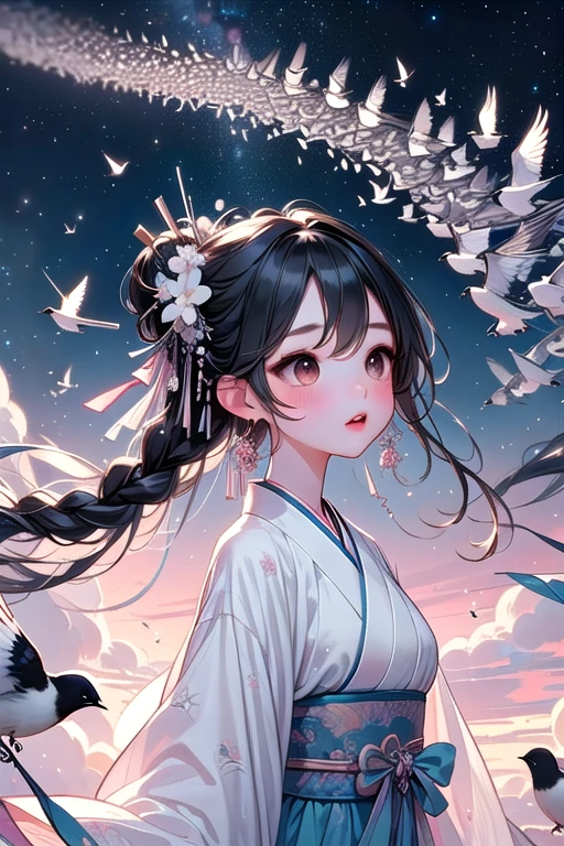 ((magpie bridge)), ((birds flock)), tanabata, hanfu, weaver girl, walking, big tits, flying, long hair, braids, hair flower, hair ornament, necklace, earrings, floating hair, fog, wind, cloud, high sky, starry sky, colorful sky, upper body, close-up, <lora:girllikemagpiebridge:0.9>