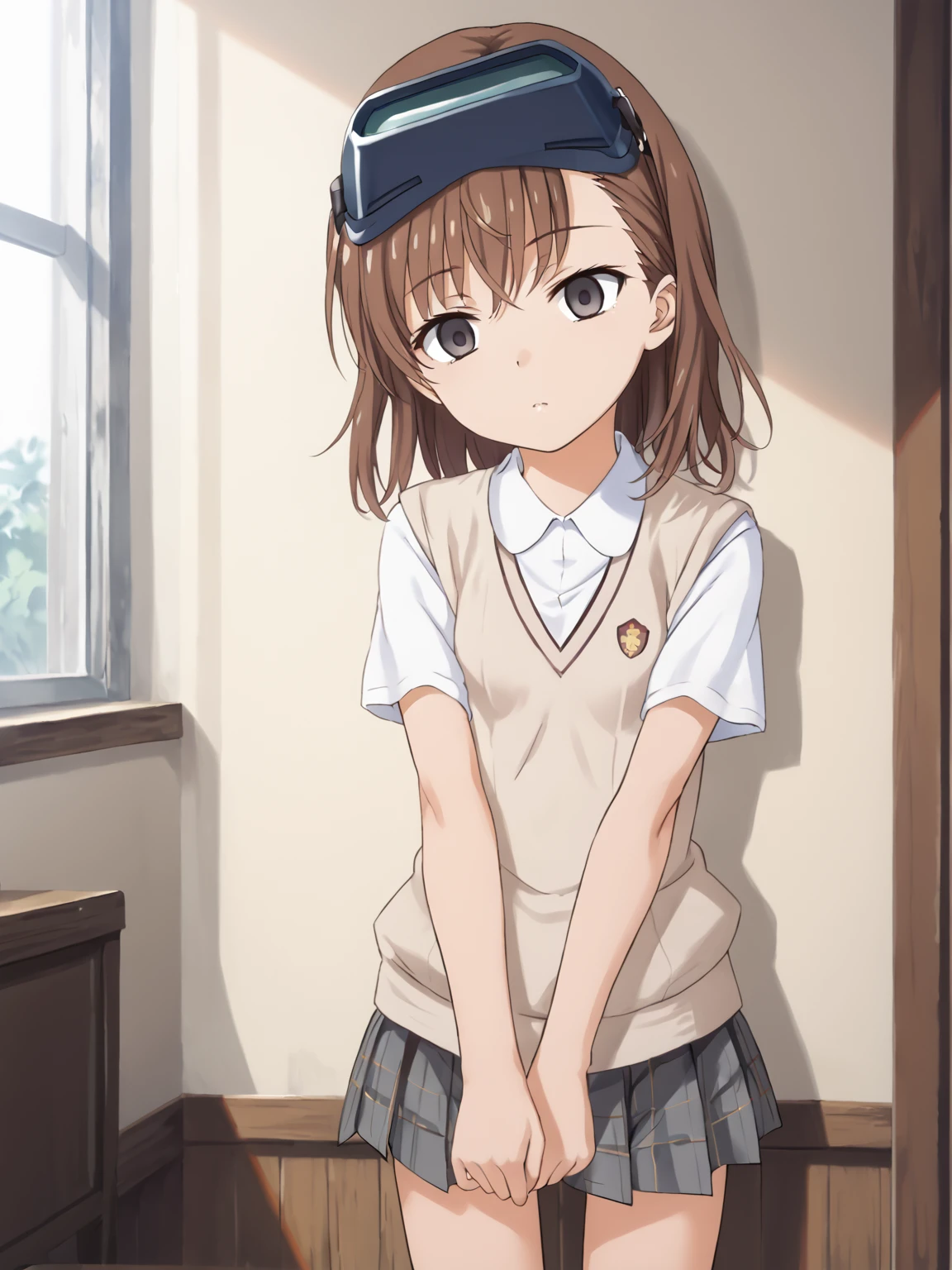 solo, <lora:misaka_imouto:1> misaka imouto,   1girl, small chest,, score_9, source_anime, score_8, , posing, (detailed:1.3),  <lora:pony_good_hands:1> good_hands,  5fingers, room, indoor ,   tokiwadai school uniform, imouto visor on head, empty eyes, general, gekota pin