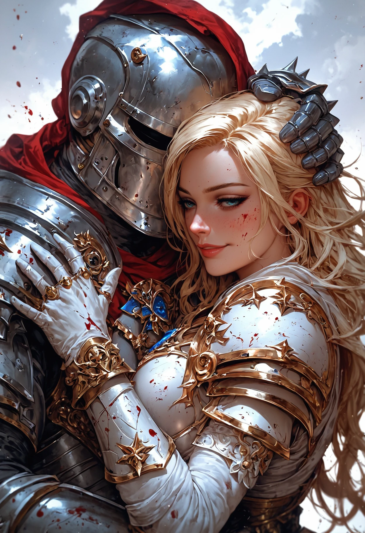 (score_9, score_8_up), score_7_up, young woman in white dress with blonde hair smiling and hugging a male knight with rusty and bloodied full armor, (masterpiece:1.2), (best quality:1.2), (very aesthetic:1.2), (absurdres:1.2), newest, 1girl, 1boy, gloomy, full armor, helmet, rust, blood, bloodied armor, dirty armor, blonde hair, half closed eyes, facing viewer, (upper body, close-up), white sky