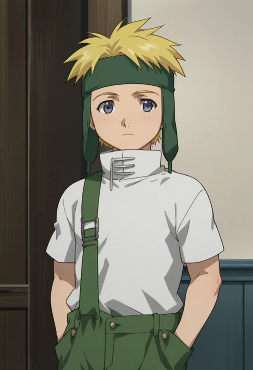 score_9, score_8_up, score_7_up, source_anime, highly detailed, 
fletchertringham, solo, 1boy, male focus, blonde hair, hands in pockets, upper body, standing, shirt, white shirt, pants, short sleeves, headband, green pants,
overalls, forehead protector, blue eyes,