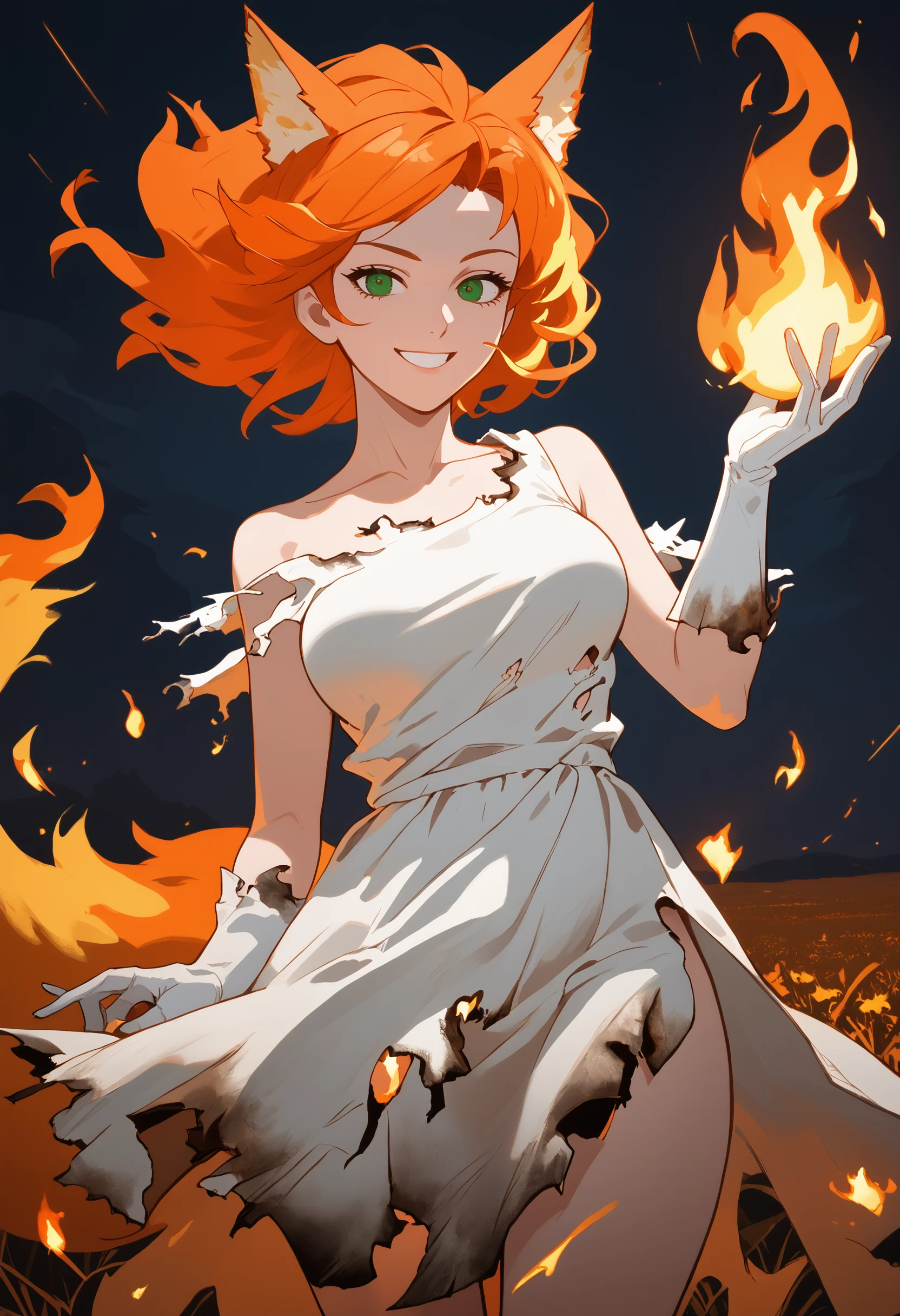 score_9, score_8_up, score_7_up, soft shadows,mature female, smirk, 1girl, fox girl, fire fox, flaming hair, flaming tail, orange hair, green eyes, burnt-clothes,burnt clothes, burnt gloves, torn clothes, sundress, smile, white elbow gloves, holding fireball, hand up, smile, looking at viewer, fire, sparks, plains, night, darkness, plains of fire flowers, cowboy shot, wind
<lora:Burned Clothes (pony) v1:1>