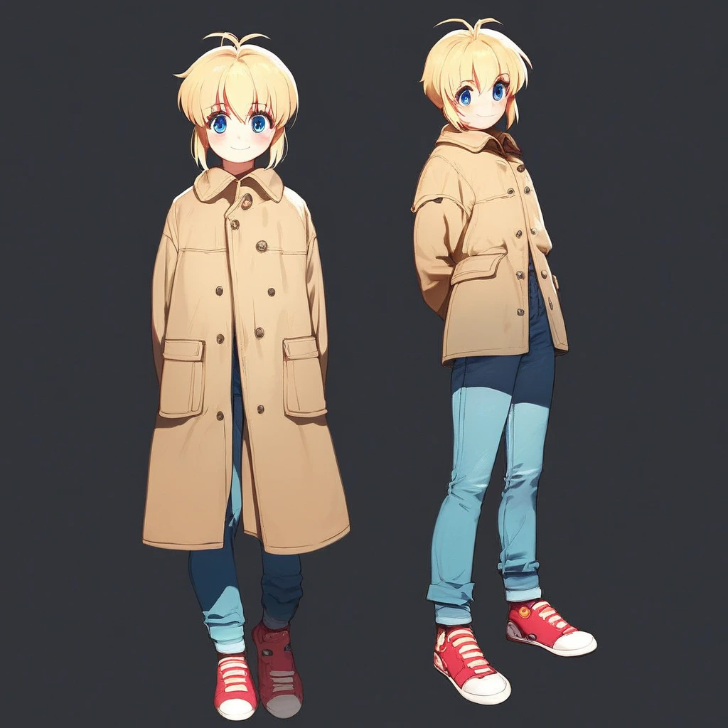 score_9, score_8_up, score_7_up, score_6_up, Rico, Gunslinger-Girl, 1girl, solo, looking at viewer, blush, smile, short hair, blue eyes, simple background, blonde hair, long sleeves, holding, hair between eyes, closed mouth, standing, jacket, full body, female focus, weapon, sidelocks, shoes, pants, coat, arms behind back, black background, antenna hair, denim, sneakers, red footwear, androgynous, pocket, jeans, blue pants, brown coat, general