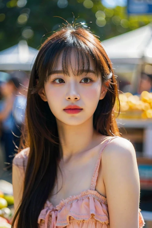 masterpiece, best quality, ultra-detailed, ultra high res, (photorealistic:1.4), raw photo, (realistic:0.2), 8k HDR, realistic lighting, looking at viewer, 1girl, solo, asymmetrical hair, outdoor, sky, (traditional market:1.2), bokeh, (detailed lips), (detailed pores), (detailed skin textures), (detailed face:1.2), (body:1.2), a woman in a sundress, cowboy shot,