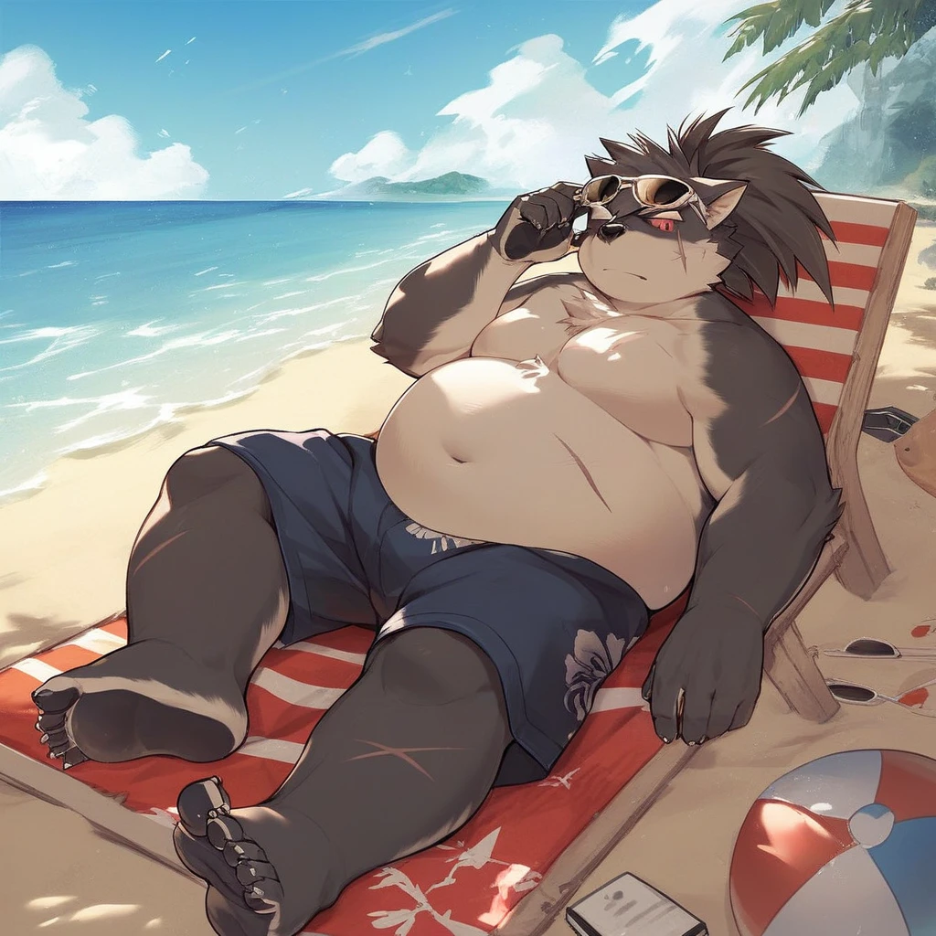 chubby dad male polar bear blue eyes, laying on chair , no clothes , white briefs , watch ,hands on sunglasses , smiling , under sun , spread legs , beach background, sunlight, sandals , high quality , drawing , 2d