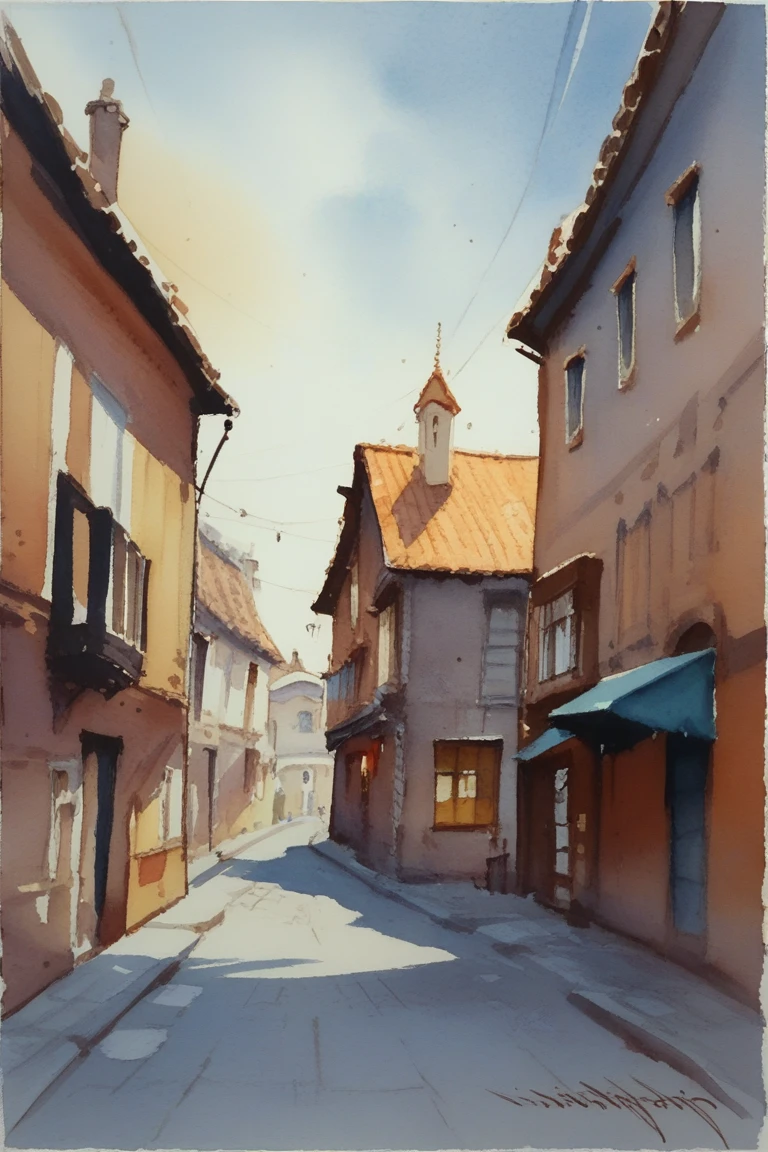 score_9, score_8_up, score_7_up, "The image shows a watercolor painting of a street in a small town, with buildings on either side and a sky in the background. The painting is done in watercolor, with vibrant colors and intricate details that bring the scene to life."