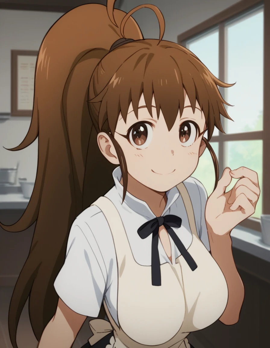 score_9, score_8_up, score_7_up, source_anime, <lora:popura-taneshima-s2-ponyxl-lora-nochekaiser:1>, popura taneshima, long hair, brown hair, brown eyes, ponytail, ahoge, large breasts,, apron, waitress, short sleeves, skirt, black skirt,, indoors, smile, looking at viewer, solo,, cowboy shot, dutch angle