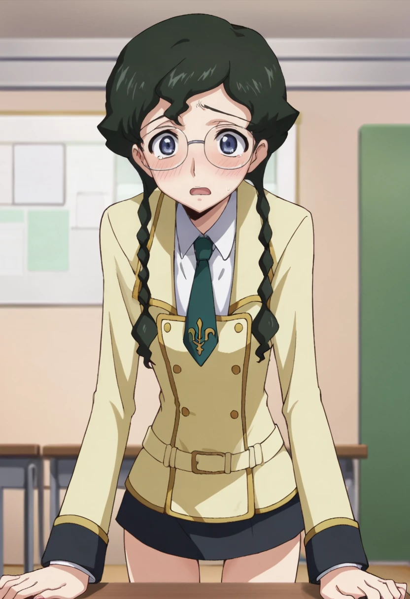 (masterpiece, best quality:1.2), highres, anime screencap, anime coloring, 1girl, solo, embarrassed, blush, tears, parted lips,
Nina_Einstein_S1, green hair, twin braids, bangs, short hair, purple eyes, blue eyes, glasses, rimless eyewear,
ashford academy school uniform, yellow jacket, white shirt, collared shirt, long sleeves, green necktie, black skirt, miniskirt, white panties, ultra detailed panties,
sitting on chair and widely spread legs, (skirt lift, lifted by self:1.2), showing panties, pantyshot,
indoors, school, school chair, looking at viewer,
<lora:add_detail_CyberAlchemist:0.4>, <lora:GoodHands-beta2:0.8>, <lora:NinaEinsteinS1-000009:0.8>,