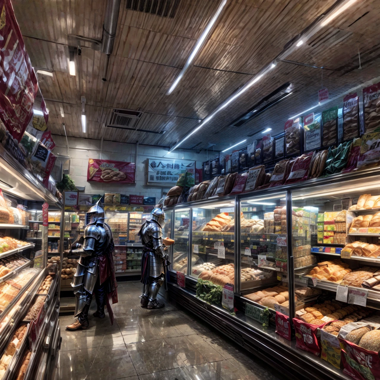 grocery store, shelves, bread, food, cashier, <lora:modernknight:0.8>, modernknight, knight, armor, helmet, very detailed, <lora:more_details:0.6>, high quality, highres, masterpiece, best quality, 8k, intricate, detailed, <lora:add_detail:0.6>