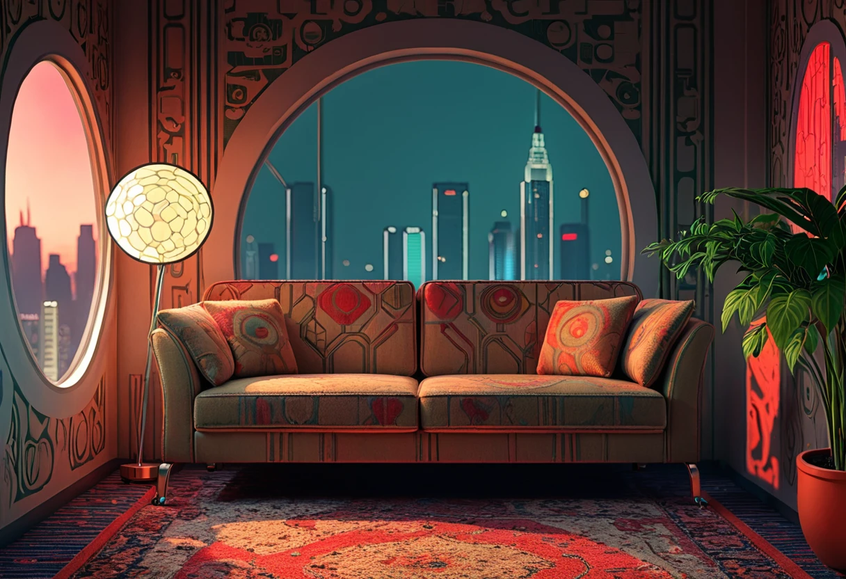 couch, scenery, potted plant, window, indoors, pillow, cityscape, city, carpet, sleeping, cushion, table, night, rug, skyscraper, lying, building, lamp, chair <lora:Psych-Futurism:1>,pfstyle