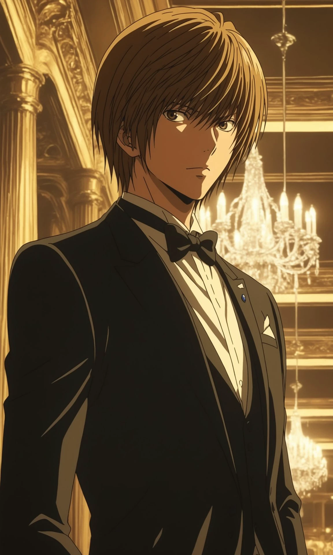 1boy, Light Yagami from Death Note, BREAK source_anime , best quality,   wearing a black tuxedo with a bow tie, formal setting,  elegant lighting, evening atmosphere, detailed background  ,  <lora:tuxedo:0.6>