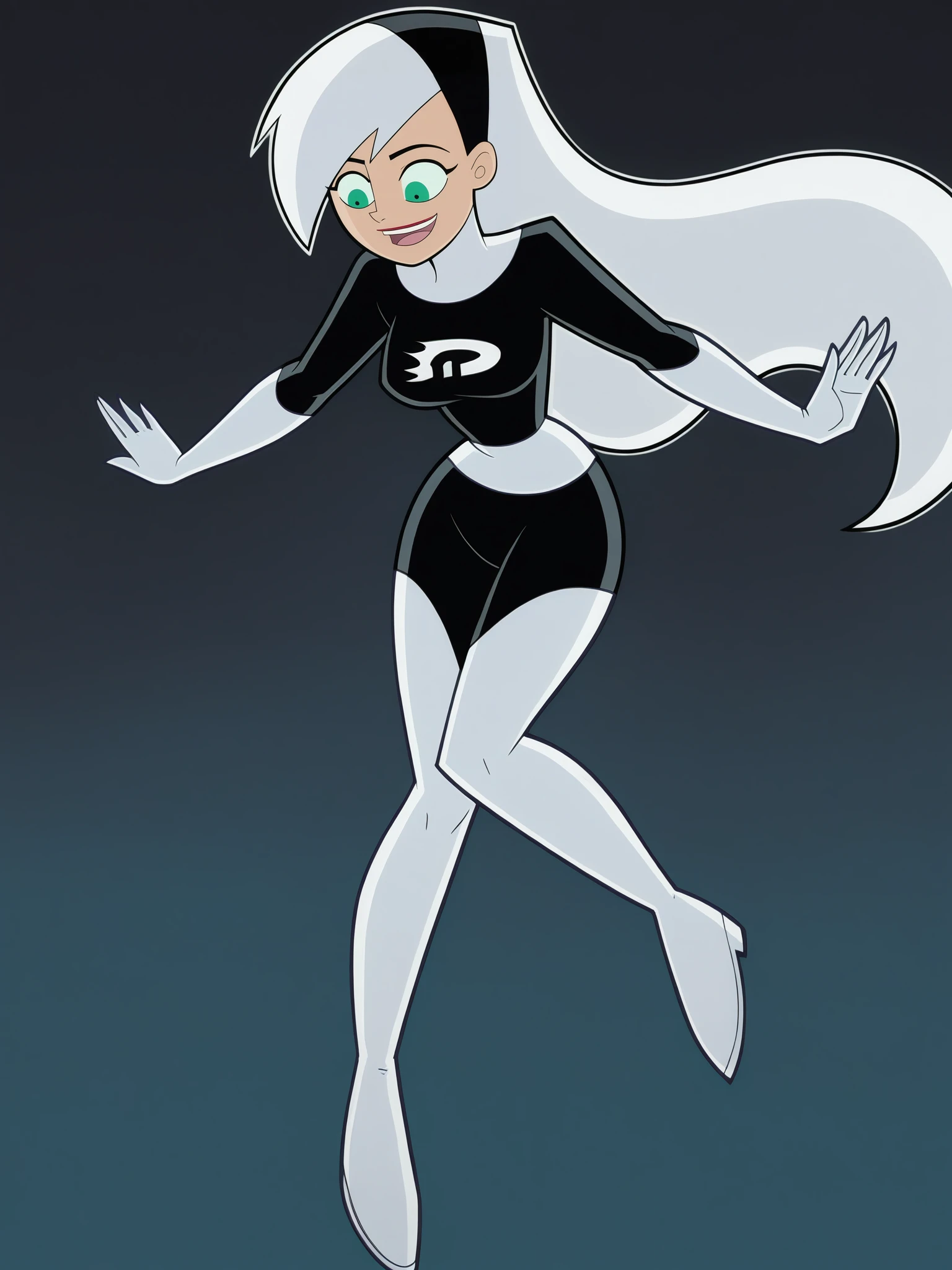 score_9, score_8_up, score_7_up, score_6_up, score_5_up,
danny_phantom, 1girl, white_hair, green_eyes, large_breasts,
danny_phantom, 1girl, solo, green_eyes, white_hair, hairband, long_hair, bodysuit,gloves, smile, black_background, open_mouth, boots, simple_background, thigh_boots, full_body, multicolored_hair, white_gloves, two-tone_hair, black_bodysuit, black_hairband, breasts, :d, looking_down, white_footwear
<lora:Bleach:1> <lora:Danny_Phantom_SDXL:1>