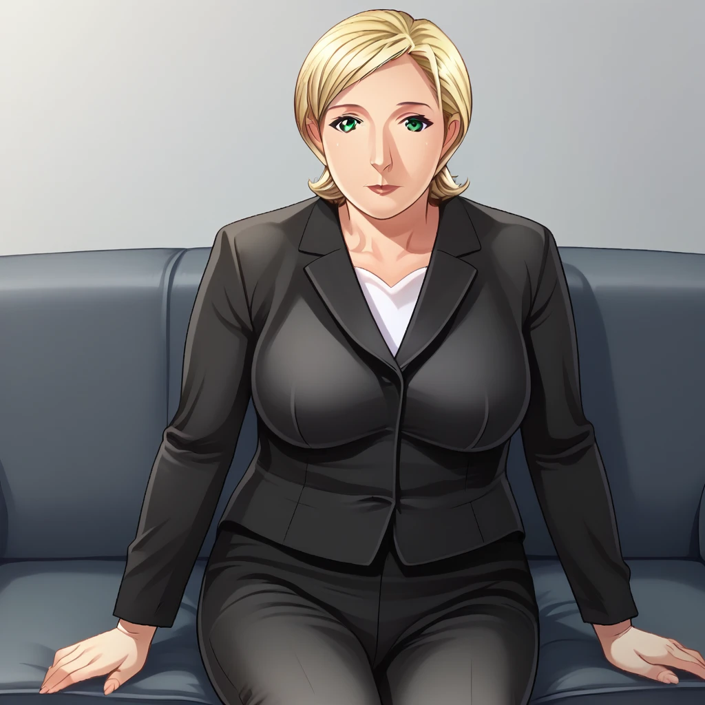 score_9_up, BREAK, 1girl, solo, MarineLepen, blonde hair, short hair, green eyes, mature female, <lora:MarineLepen_DJ_PXL_Leaf1:1>, formal, black suit, black pants, sitting on sofa, indoors,