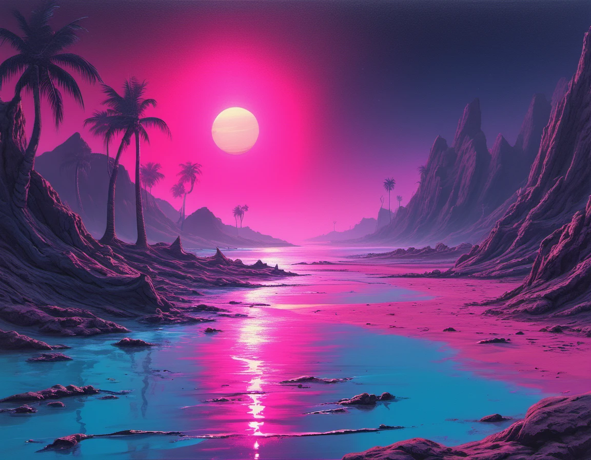 synthwave-galaxy,masterpiece, professional artwork,landscape painting of beach bay , and barren wasteland, ,<lora:Synthwave_Galaxy:.8>